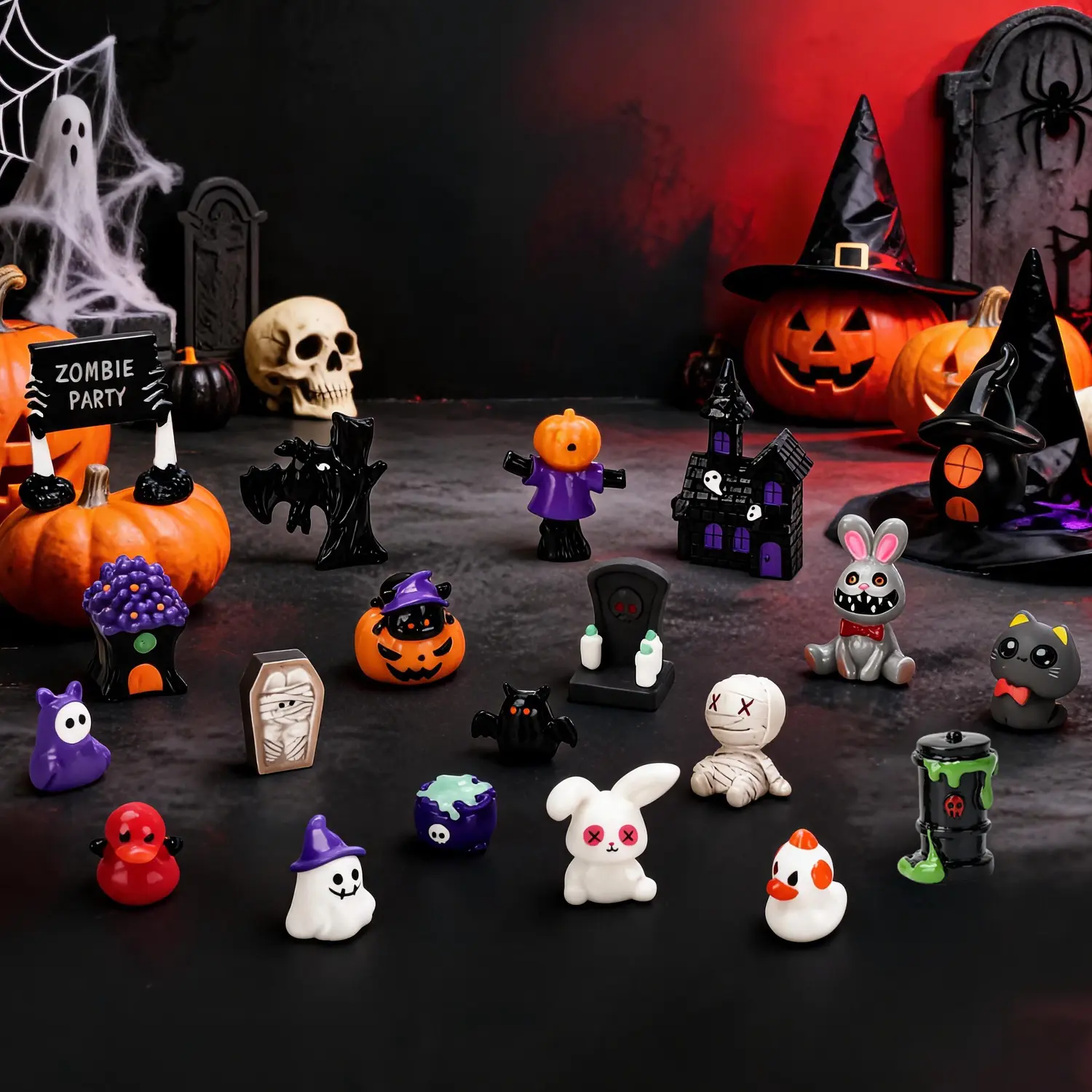 20PCS Spooky Halloween Mini Resin Figurines Set, Cute Cartoon Stress Relief Decorations for DIY Craft Construction, Terrarium & Dollhouse Gift