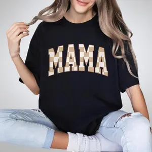 Retro Checkered Boho Mama Shirt, Cute Varsity Letter T-Shirt for Moms, Trendy Crewneck, Perfect Mothers Day or New Mom Gift, Comfortable Casual Wear
