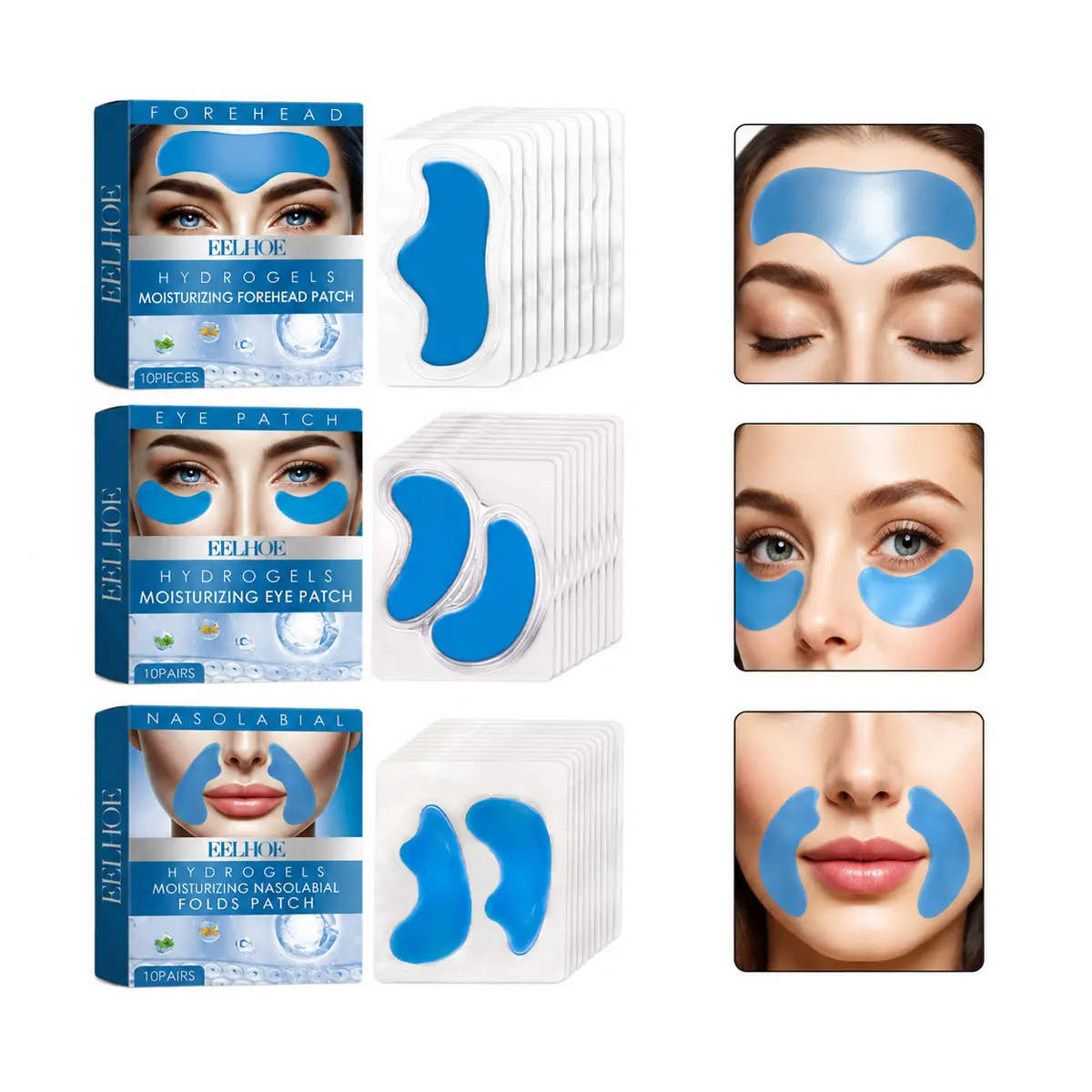 3 Pack Hydrogel Face Patch Set, Targeted Care for Forehead, Under Eye & Nasolabial Folds, Cooling Gel Smile Line & Fine Line Smoothing Skincare