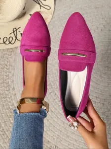 Women's Faux Fur Flat Shoes, Fashionable Metal Straps, Casual Comfort Soft Low Heel Rubber Slip-Ons, Perfect for Daily Wear