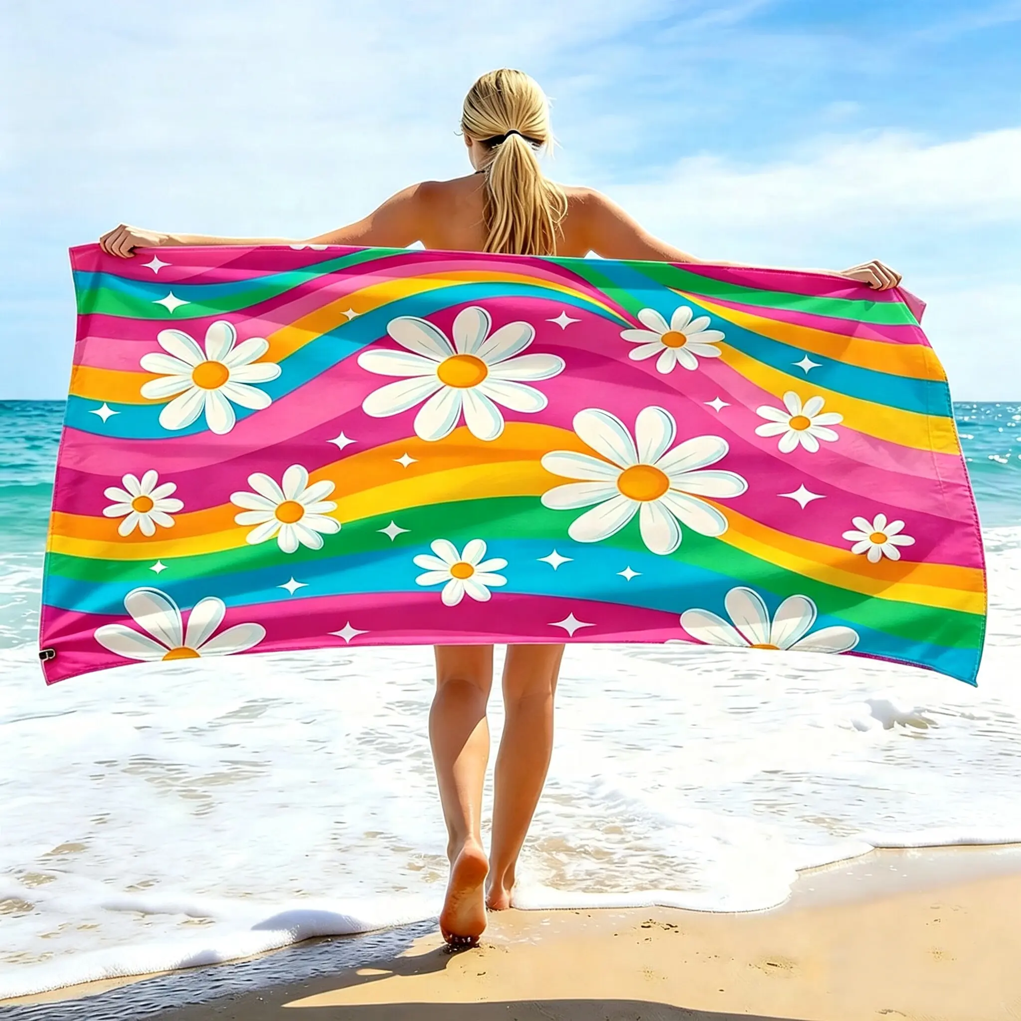 Dopamine Daisy Rainbow Beach Towel, Premium Microfiber, Quick Dry, Soft, Large Size. Versatile Towel for Pool Parties & Outdoor Activities, Suitable for Spa & Bath, Personalized Custom Available, Great Gift for Ladies.