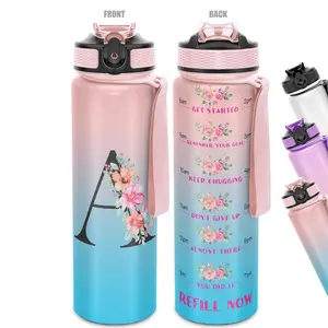 Floral & Letter Pattern 32oz Sports Water Bottle, Personalized Letter Water Bottle with Time Marker, Durable Large Capacity Hiking Water Bottle, Motivational Water Bottle, Personalized Water Bottles