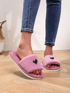 Women's Open-Toe Plush Slippers, Non-Slip Soft Sole, Casual Indoor Footwear, Cartoon Pattern, Medium Width, All Seasons Comfort