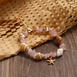 Sea Shell Starfish Bracelets Boho Beach Bracelet Golden Shell Beads Anklet Pearl Charm Bracelet for Women Adjustable Hawaiian Jamaican Anklet Bracelets Jewelry Mermaid Costume Jewelry