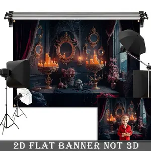 2D Flat Banner, 1pc Gothic Party Backdrop - Elegant Dark Gothic Victorian Mansion Photo Booth Background with Burgundy Floral design, For Halloween, Horror Parties, Wedding Decor - Luxury Gothic Decoration Banner, Goth Decor, Polyester