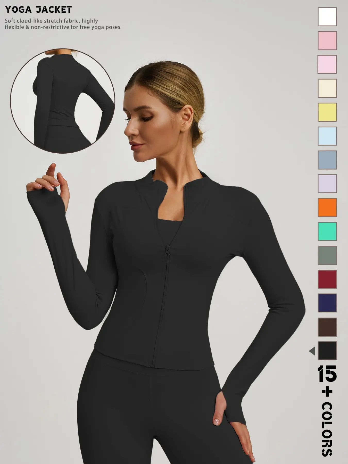 Women's Plain Thumb Hole Long Sleeve Stand Collar Jacket, High Elasticity Slim Fit, Lightweight Breathable, Ideal for Daily Wear, Running, Yoga, Yoga Jackets, Sports Yoga Jacket, Workout Yoga Jacket, Thumbhole Jacket