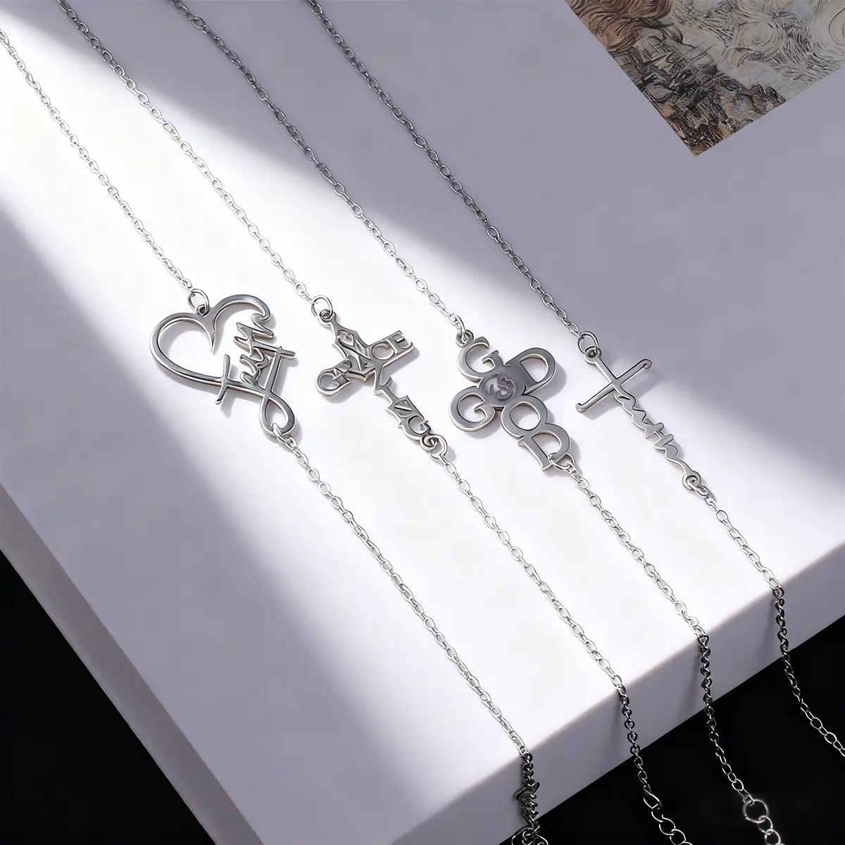 4pcs/set Faith Letter Stainless Steel Chain Necklace Bracelet Earrings Set for Unisex Jewelry Gifts