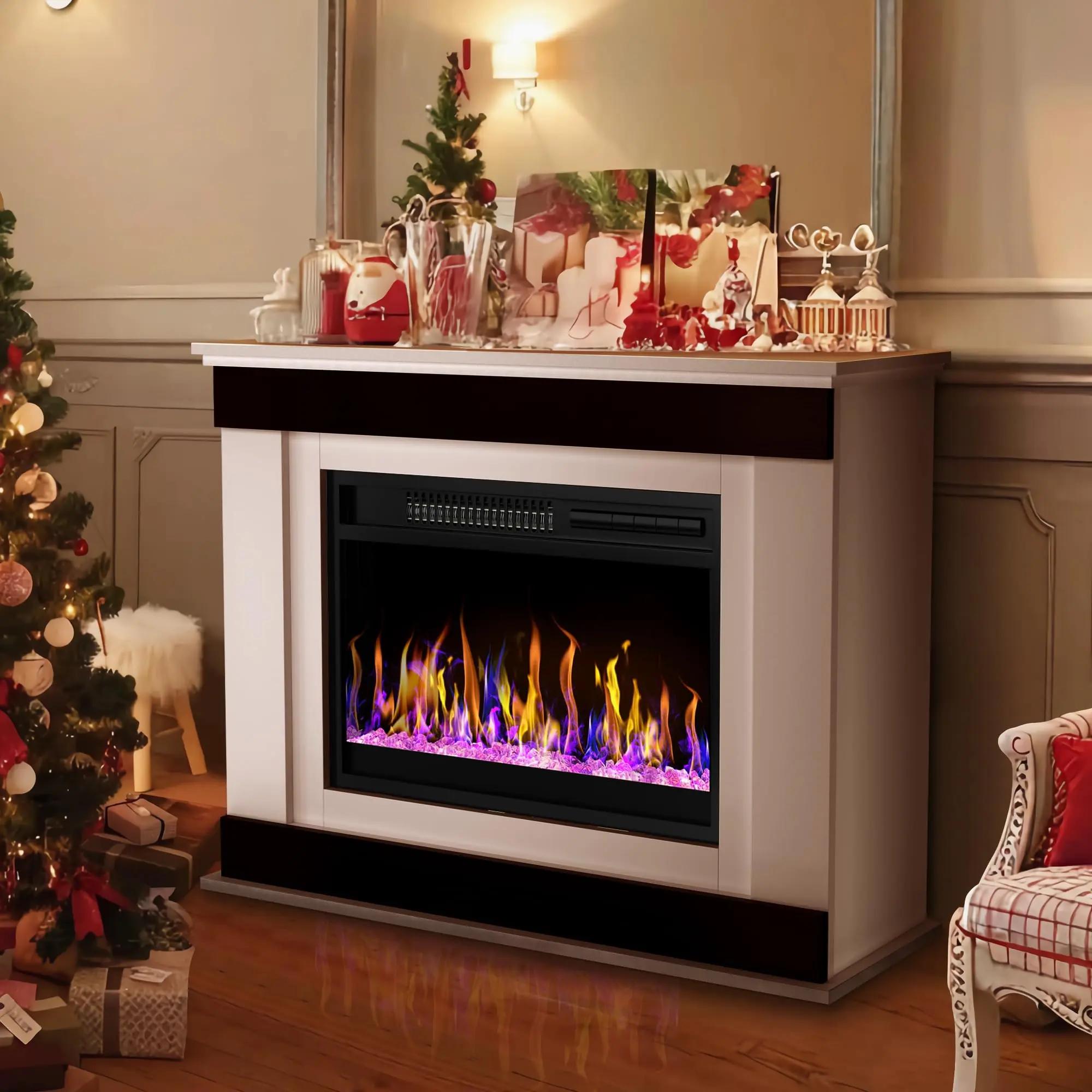37" Electric Fireplace with Mantel, Freestanding Fireplace with 23" Fireplace Insert Heater, Electric Fireplace for Living Room, Remote Control,12 Colors Adjustable Flame, 24H Timer,White