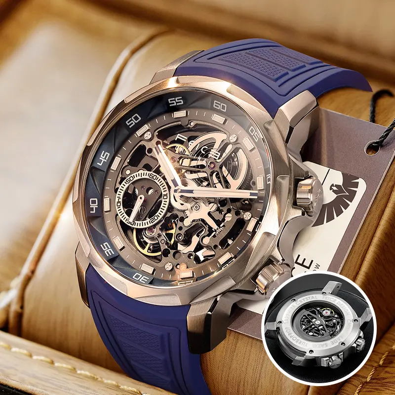FEICE Men's Chic Gear-Driven Multi-Use Dark Blue-Themed Mechanical Watch - Automatic Skeleton Dial, Round Face, Sapphire Crystal, 5ATM Water-Resistant, Shockproof, Luminous Strap, Suitable for Daily & Formal Occasions, Chic Mechanical Watches, Gear-Driven