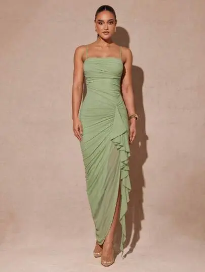 JADEE Elegant Romantic Sage Green Flowing Ruffled Slit Maxi Dress Womens  Summer Vacation Party Dress - TikTok Shop