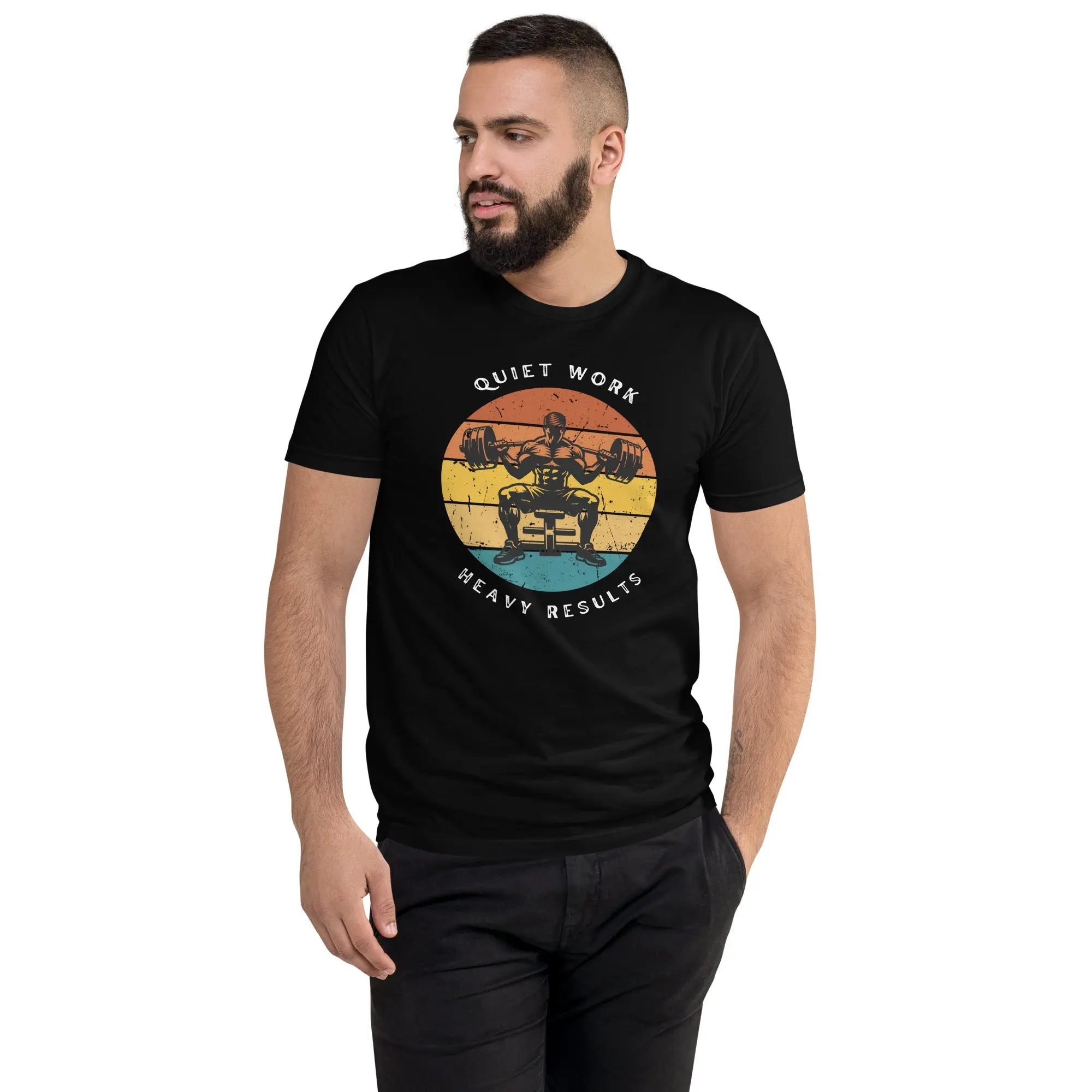Heavy Results Short Sleeve T-shirt - Fitted Crew Neck Casual Cartoon Tee for Summer - 100% Combed Ring-spun Cotton - Quiet Work, Heavy Results Design