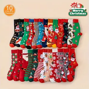 10 Pairs Christmas Socks Festive Santa Reindeer Snowflakes Candy Canes Red Green Golden Holiday Colors Machine Washable for Christmas Party Favors Stocking Stuffers Gift Exchanges Unisex Adult Socks Bulk Christmas Decorations Christma Menswear Man