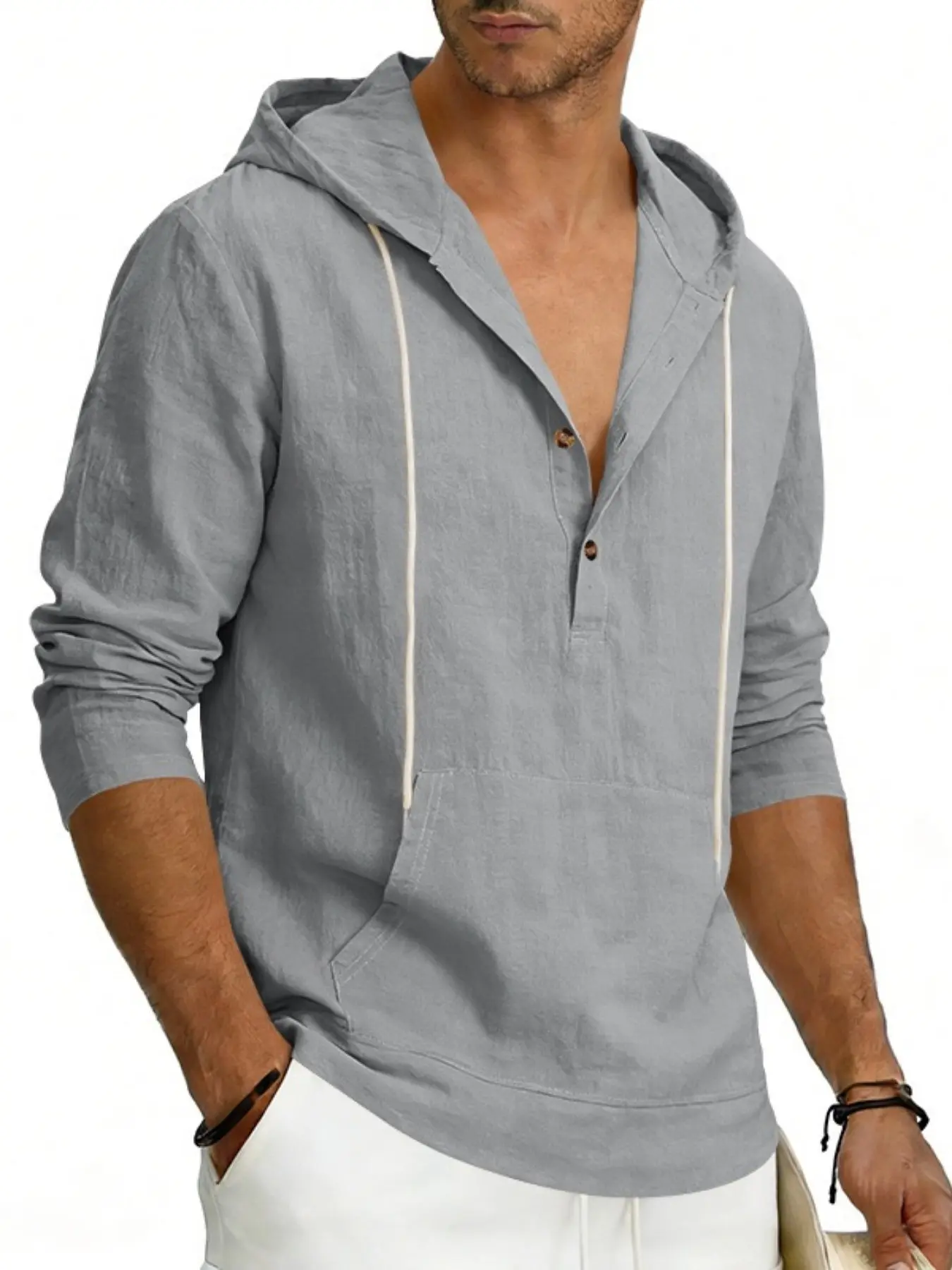 Men's Linen Hooded Shirt, Casual Long Sleeve Pullover with Pockets, Breathable Lightweight Henley Top for Daily Wear, Beach Vacation & Street Style, Perfect for Spring Summer