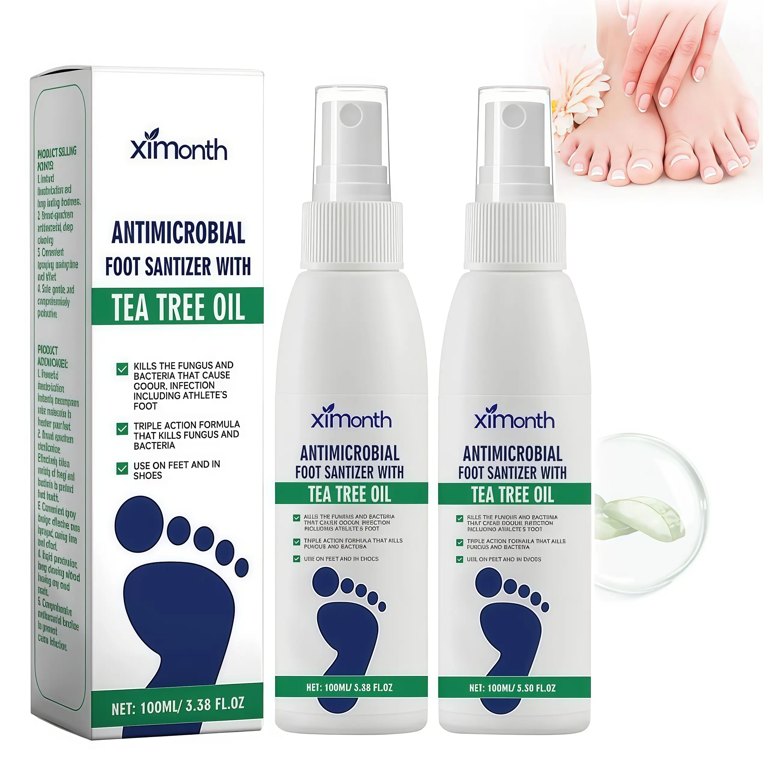 [2 pack]Tea Tree Oil Foot & Nail Sanitizer Spray – 100ml Natural Antibacterial Mist with Oregano for Daily Foot Hygiene, Itch & Odor Relief – Gentle, Travel-Friendly Spray for Clean, Healthy Feet & Nails