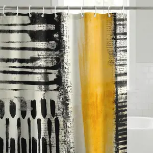 71x74 Shower --Resistant Long Shower with Grommets and 12 - 100% - Black, Ivory, and Ochre Yellow