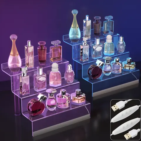 1 Pack 3-Tier Acrylic Countertop Organizer Shelf with Color-Changing LED Lights - Stable, Anti-Scratch Film Home Storage Rack, Multifunctional Cologne Stand Display with Elegant Transparency for Perfumes, Bottles