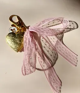 Heart Locket Photo Keychain Trendy Bow Purse Charm Handmade in Nevada with Laced Bow and Swivel Clasp for Handbag or Purse Valentine's Day Gift