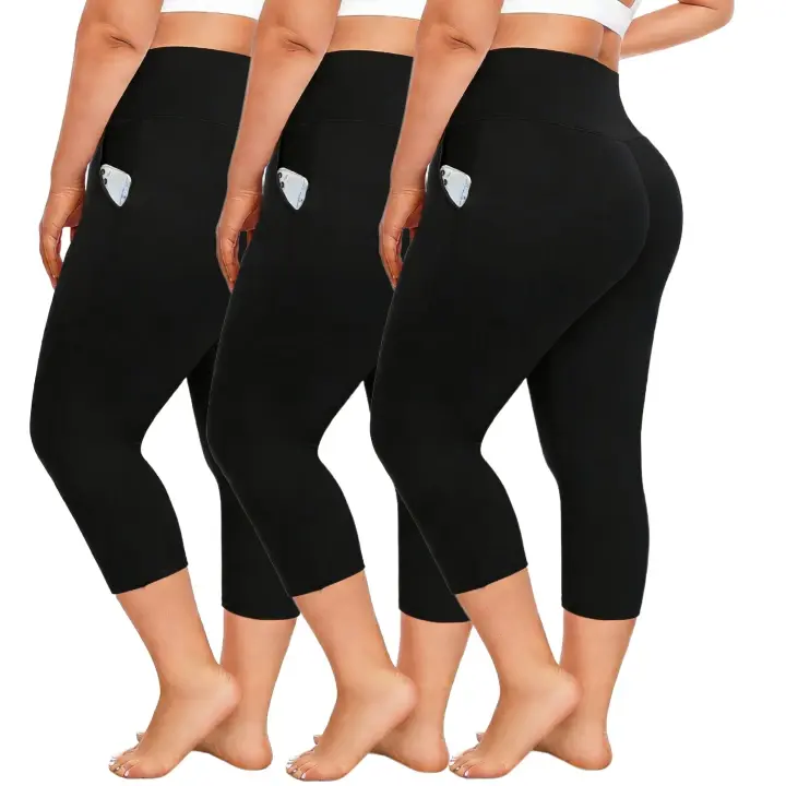 Plus Size Capri Leggings for Women, High Waisted Tummy Control Seamless Knitted Yoga Pants with Pockets for Gym & Fitness, Cycling Yoga Pants, Knitted Sports Pants
