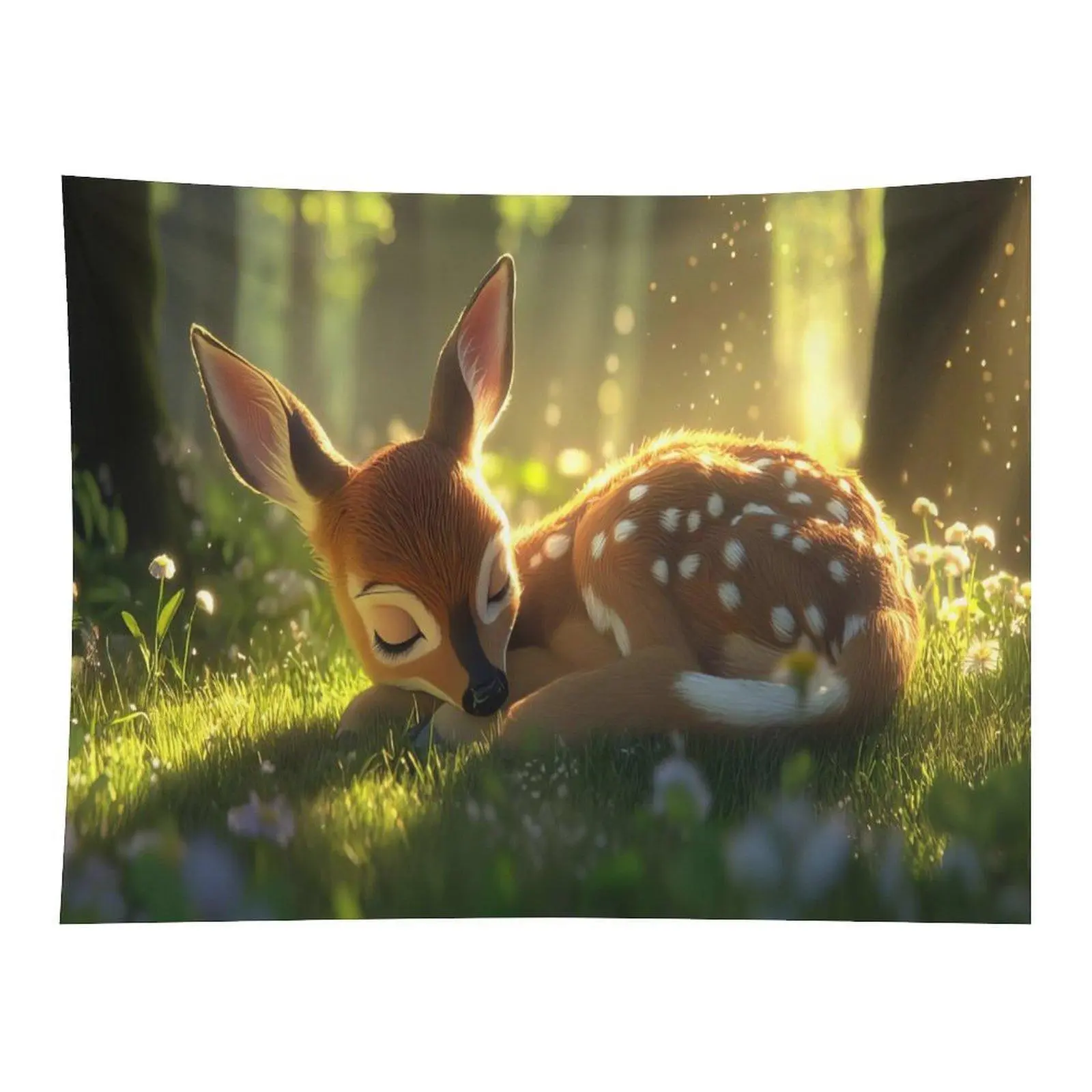 Cute Sleeping Fawn Bambi Sunlight Wildflower Forest Soft Anime Wall Tapestry Wall Hanging, Cottagecore Woodland Baby Animal Nursery Decor for Kids Bedroom Ornament