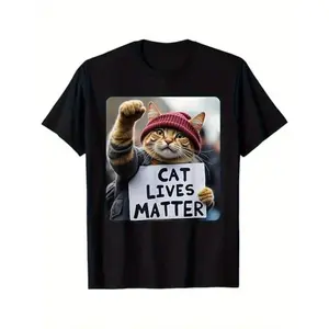 Summer T Shirts Funny Cat Graphic Cotton T-Shirt for Men Breathable Stretchy Crew Neck Tee with Geometric Design Perfect for All Seasons Casual Tshirt