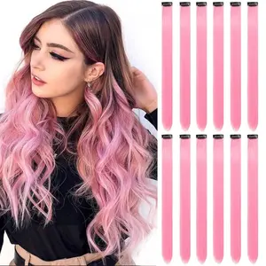 12 count Pink Hair Extensions Clip in, Colored Party Highlights Extension for  Girls Synthetic Hairpiece Straight 22 inch