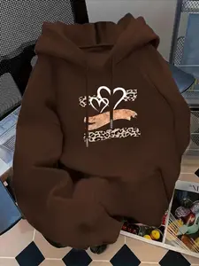Women's Casual Fashion Fitted Hoodie Sweatshirts Heart Pattern Print Kangaroo Pocket Drawstring, Fall & Winter Clothing, Perfect Valentine's Gift