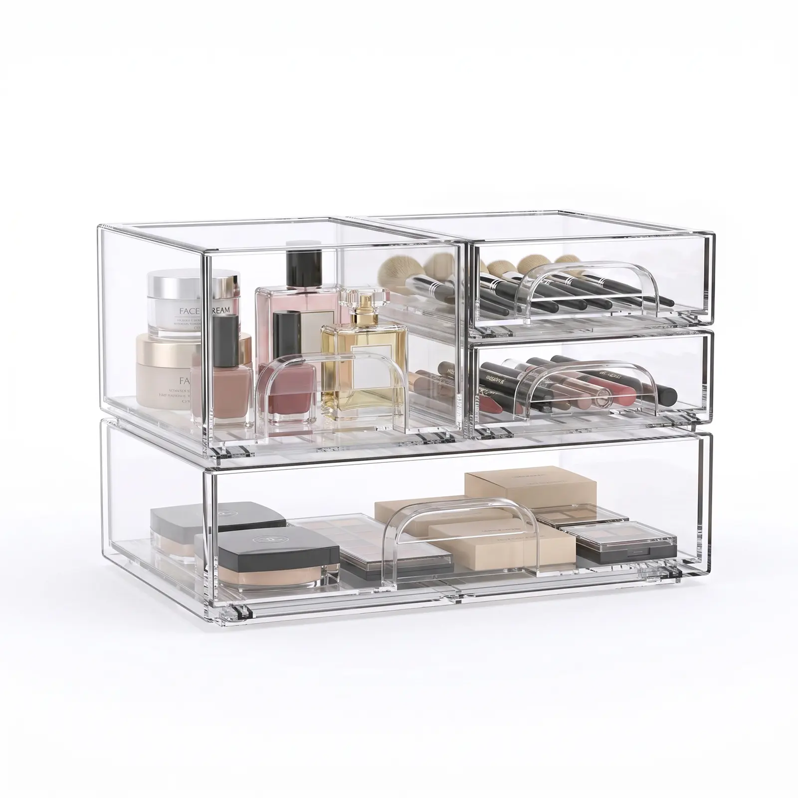 Clear Stackable Acrylic Makeup Organizer Storage Drawers, Large Capacity Cosmetic Organizer for Vanity Countertop, Multi Compartment Skincare Display Case for Makeup Brushes, Perfume, Foundation & Eyeshadow