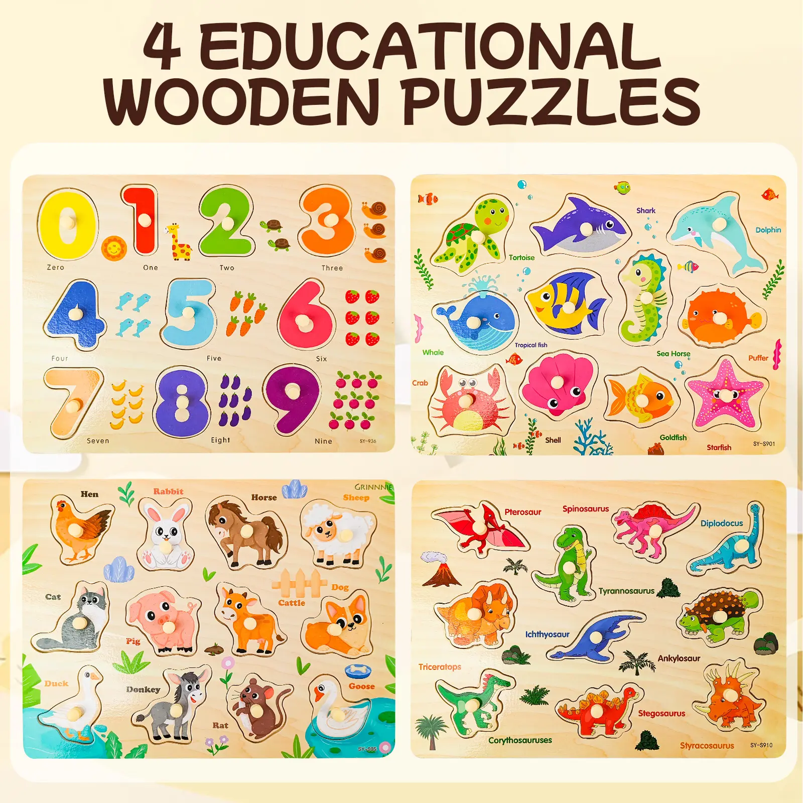 edutree 4pcs Wooden Peg Puzzles for Toddlers 1 2 3 4, 4  Pack Educational Peg Puzzles Montessori Toys, Christmas Learning  Puzzles for Kids Girs Boys with Number Animal  Shape, Halloween gift, gift