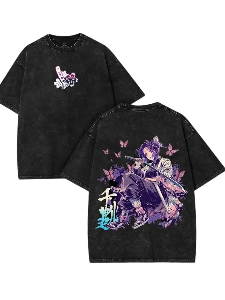 Unisex Anime T-Shirt with Shinobu Kocho Butterfly Back Graphic, Oversized Vintage Streetwear Fit, Washed Distressed Short-Sleeve Design, Shortsleeve, Menswear, Crewneck, Round Neck, Top, Tshirt, Casual Fit