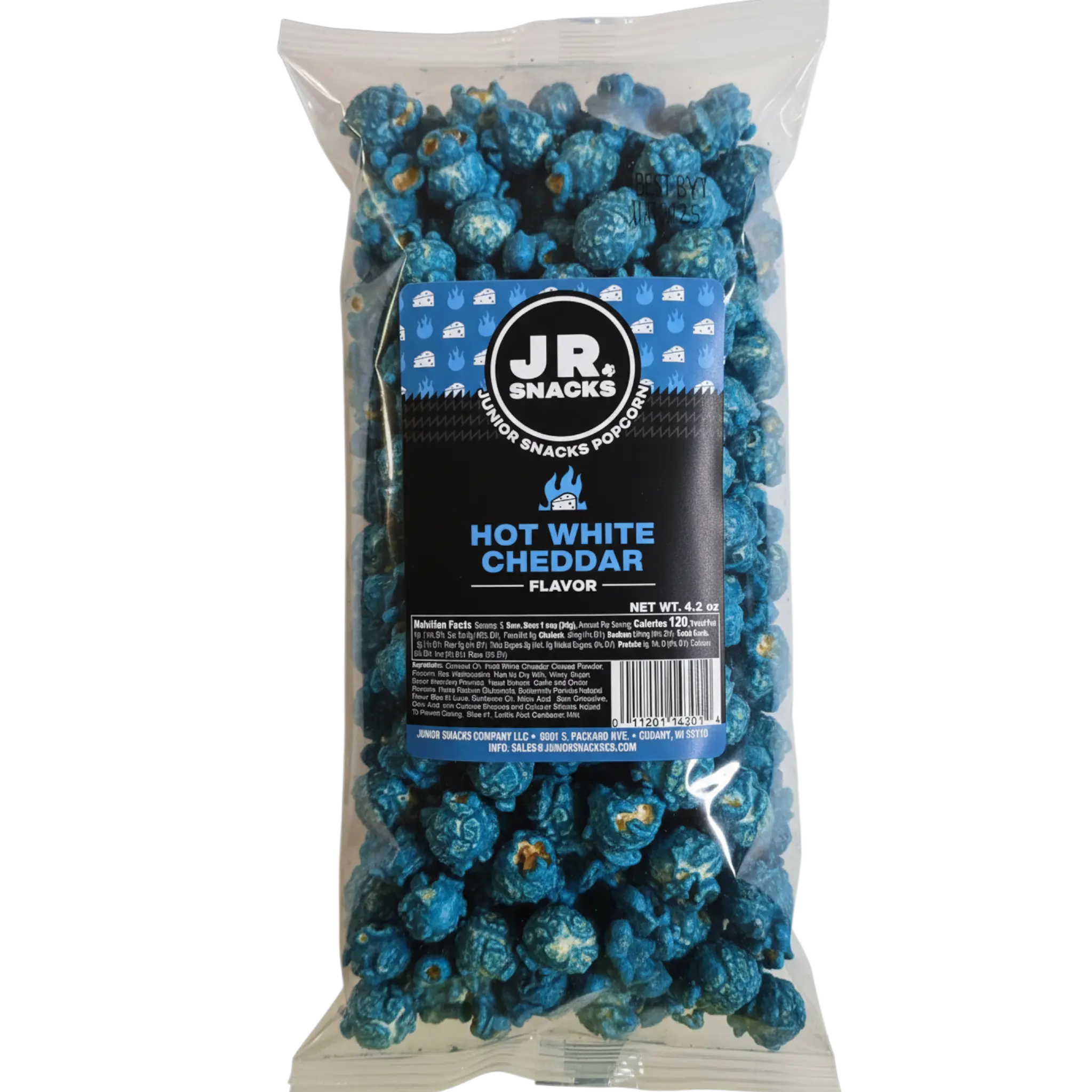 Junior Snacks Co. Hot White Cheddar; White Cheddar meets our Spicy & Salty Blue Seasoning