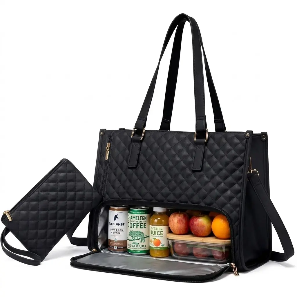 【TikTokShopSummerSale】Large Insulated Lunch Bag Tote for Women | 15.6 Inch Laptop Bag with Leakproof Lunch Box Compartment | Quilted Work Tote, Travel Bag, Teacher & Nurse Handbag - Black