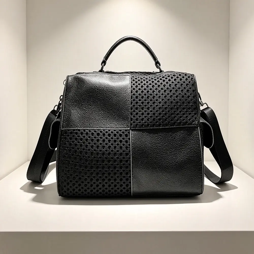 Casual Shoulder Bag for Women, Perforated Cowhide Leather Multi-Use Convertible Tote Backpack with Adjustable Strap, Satchel, Retro, Zipper