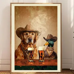 Dogs Cowboy with Duck drink brew vintage unframed poster, Funny art whimsical print, Cabin bar wall decor, Unique Gift for Men Dad Owned Pet Lovers