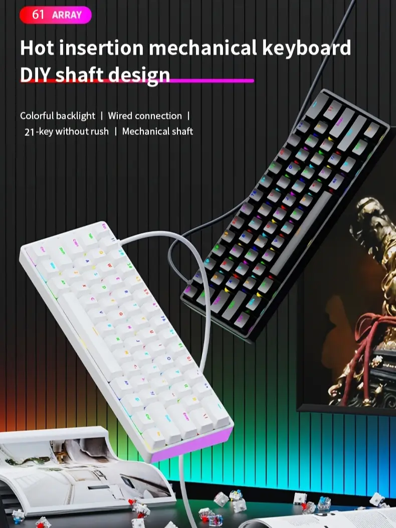 61-Key Hot-Swappable Wired Mechanical Keyboard, Full-Key Hot Swap Design for DIY Switch Replacement Without Soldering, Vibrant RGB Backlight with Multiple Lighting Modes & Adjustable Brightness for Gaming