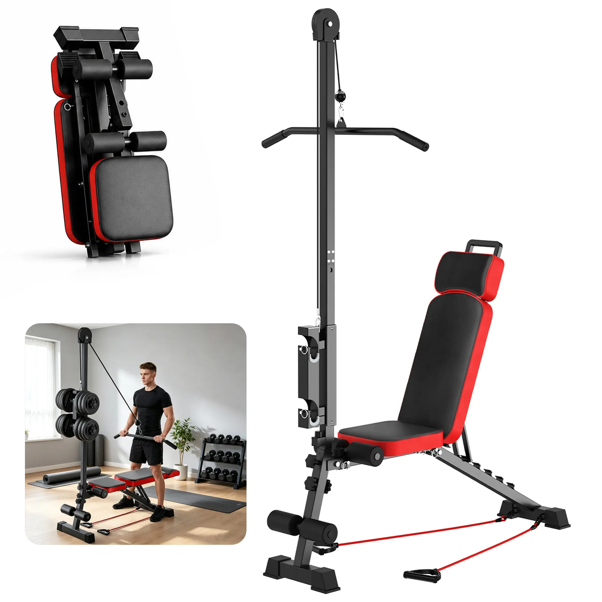 Dufominc Multifunctional Weight Bench - Metal Frame, Adjustable Backrest, Multi-Angle Seat, Pulley System - Home Gym At Home Gym Equipment for Weight Training, Strength Training