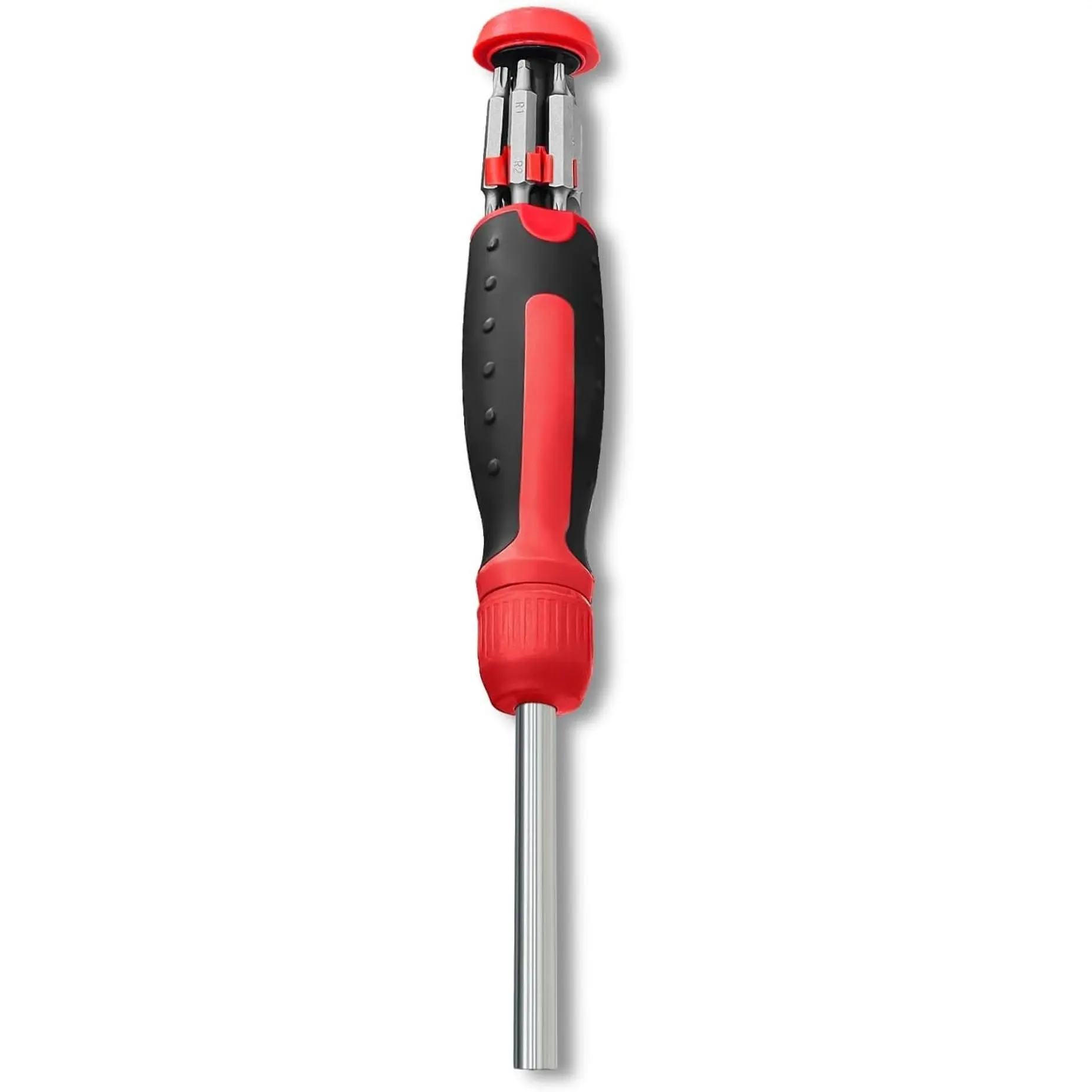 13-in-1 Ratcheting Multi-Bit Screwdriver with Handle with Cushion Grip | Retractable bit cartridge keeps square, star, flat and 1/4 in hex bits organized for fast swaps.