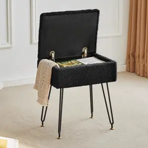 Dressing table stool, faux teddy velvet footstool, equipped with metal legs and adjustable black foot pads, flip-top storage makeup stool with cushioned seat, suitable for dressing rooms and bedrooms, black