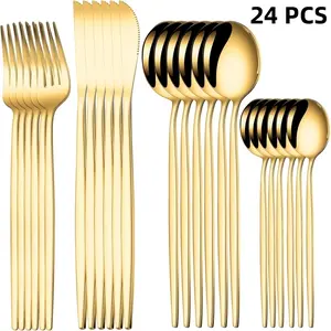 24 pcs Flatware Set, Stainless Steel Flatware Set for 6, Eating Utensils Set Tableware Included Steak Knives Spoons and Forks Set For Home, Restaurant, Party