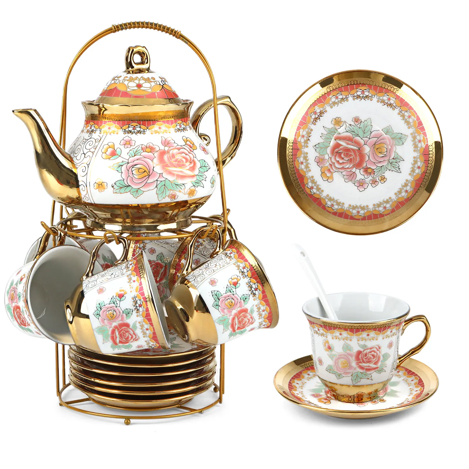20 Pcs Porcelain Tea Set with Metal Holder, European Ceramic Tea Set for Adults, Coffee Tea Gift Sets, French Tea Cup Saucer Set for Party With Gold Trim
