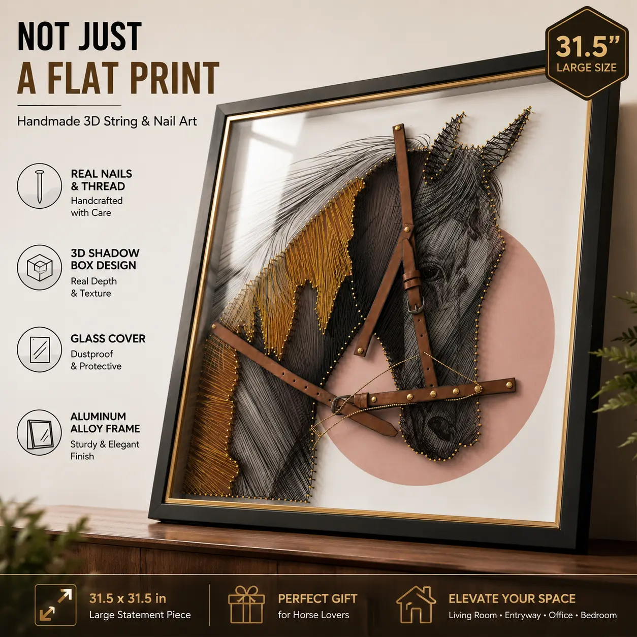 31.5-Inch 3D Horse String Art Wall Decor, Not Just a Flat Print, Handmade Nail and Thread Shadow Box with Glass Cover, Aluminum Alloy Frame