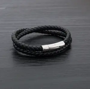 Premium Made Double Row Genuine Leather Braided Bracelet Push-Button Clasp 16 inches