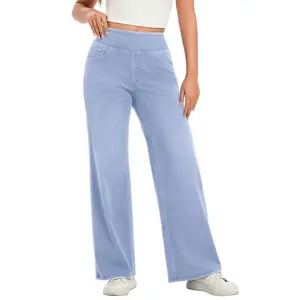 FAIABLE Women’s Pull On Wide Leg Jeans High Waisted Stretch Denim Pants with Pockets Elastic Waist Casual Jeans