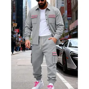 Men's Winter Fashion Heavyweight Loose Fit Fleece Lined Workwear Pants Set, Casual Outdoor Warm Jacket Shirt Suit