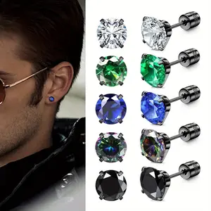 5 Pairs Titanium Screw Back Surgical Stainless Steel Stud Earrings for Women Men, Cubic Zirconia Sleep Hypoallergenic Stud for Sensitive Ears