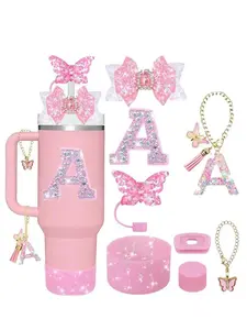 Letter A-z Butterfly Glitter Water BottleAccessories Set,Chain & Keychain & Hair Tie & Bracelet &Sticker, Drinkware Accessories, Mug, DrinkProtector