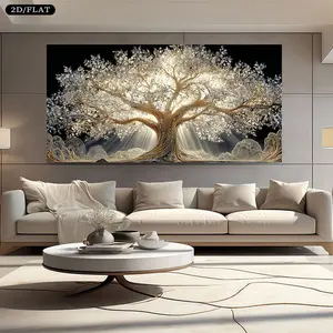 1 piece of large luminous golden tree life Unframe-style canvas wall art - self-luminous golden and white poster, modern style, 31.5"x63"(80x 160cm ), easy to hang install, minimalist bedroom/living Modern Static Cling Large Round lilies flower bouquet
