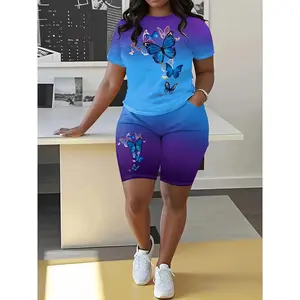 Plus-size butterfly print gradient two-piece set, round neck short-sleeved top and shorts, women's plus-size clothing.