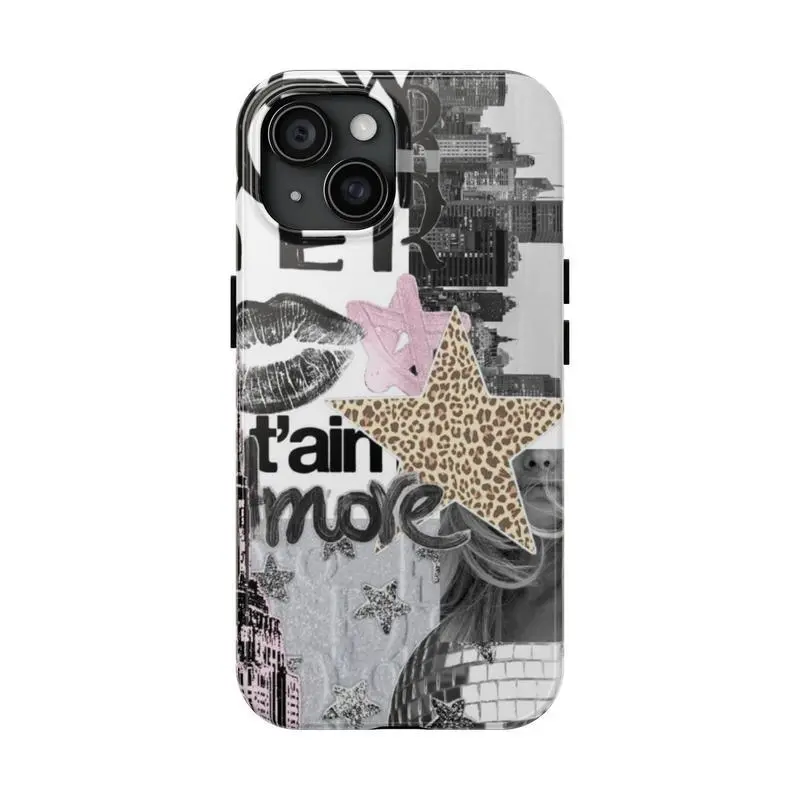 Urban Glam Leopard-Stars & City Dreams Collage Smartphone Casing, Durable Shockproof Polycarbonate Protection Shell for iPhone 11/12/13/14/15/16/17 Pro, ProMax, Plus, Air (12 Pro Max Compatible) - Handheld Devices Accessory