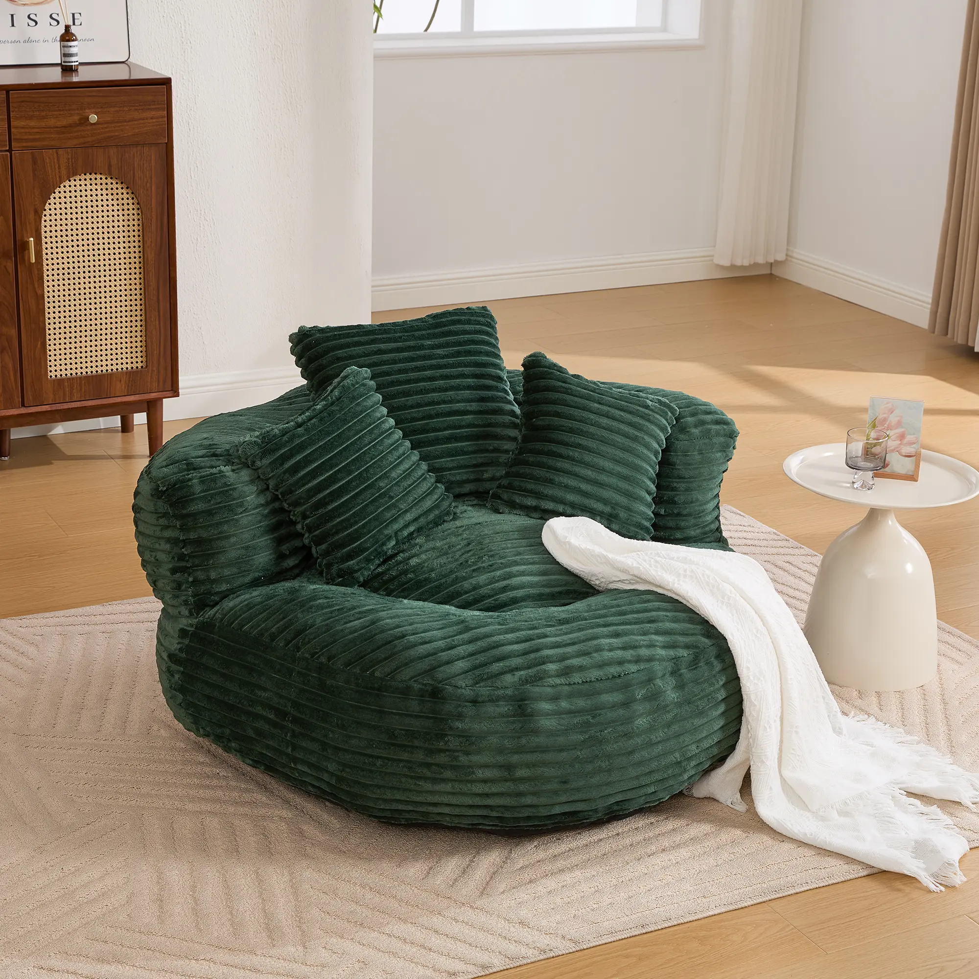Boneless Couches Lounge Sofa with 3-Pillow Cushioning - Corduroy Bean Bag Chair, Fixed Arms, Foam Filler, Deep Seat Modern Indoor Furniture for Adults’ Living Room, 3Pillow Cushioning