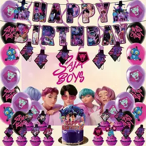 KDH Saja Boys Themed Birthday Party Decor Bundle (Banner, Balloons, Cake Toppers) KDH Gifts for Boys Girls Kpop Demon HUnters Merch